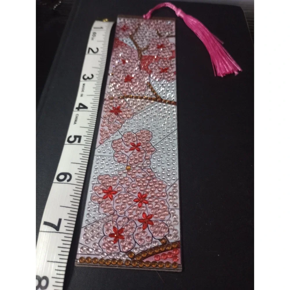 Handmade Diamond Painting Cherry Blossom Bookmark Pink Tassel 7.5